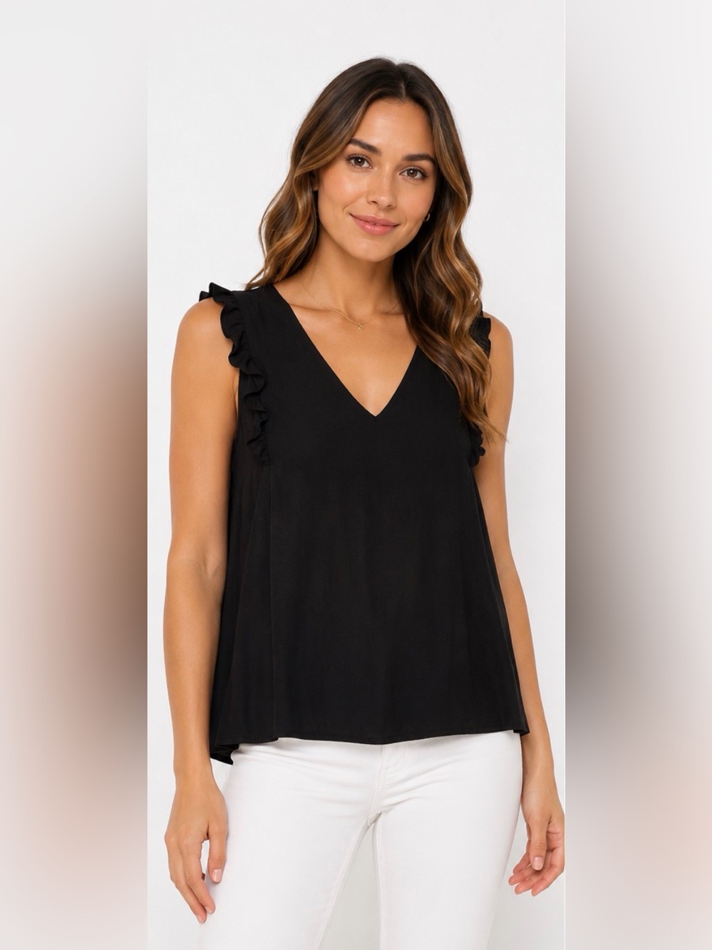 Kate Spade New York Black Ruffle V Neck Sleeveless Blouse Top NJMU5327